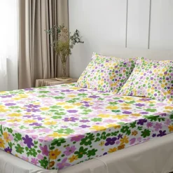 Floral Spring Fitted Sheet Set Ultra Soft Breathable 100% Cotton Silky Bed Sheets Deep Pocket Bedding Sheets 3 Piece Queen King Size