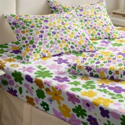 Floral Spring Fitted Sheet Set Ultra Soft Breathable 100% Cotton Silky Bed Sheets Deep Pocket Bedding Sheets 3 Piece Queen King Size