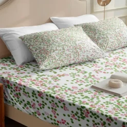 Floral Spring Fitted Sheet Set Ultra Soft Breathable 100% Cotton Silky Bed Sheets Deep Pocket Bedding Sheets 3 Piece Queen King Size