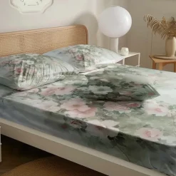 Floral Spring Pattern Fitted Sheet Set Ultra Soft Breathable Silky Bed Sheets Deep Pocket 100% Cotton Bedding Sheets 3 Piece Queen King Size