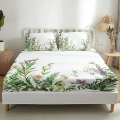 Floral Spring Pattern Fitted Sheet Set Ultra Soft Breathable Silky Bed Sheets Deep Pocket 100% Cotton Bedding Sheets 3 Piece Queen King Size