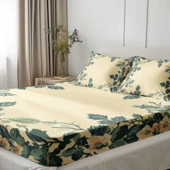 Floral Spring Pattern Fitted Sheet Set Ultra Soft Breathable Silky Bed Sheets Deep Pocket 100% Cotton Bedding Sheets 3 Piece Queen King Size