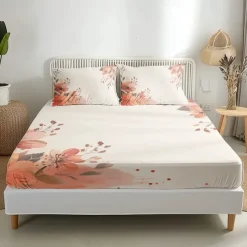 Floral Spring Pattern Fitted Sheet Set Ultra Soft Breathable Silky Bed Sheets Deep Pocket 100% Cotton Bedding Sheets 3 Piece Queen King Size