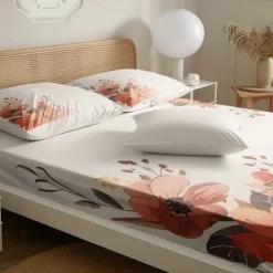 Floral Spring Pattern Fitted Sheet Set Ultra Soft Breathable Silky Bed Sheets Deep Pocket 100% Cotton Bedding Sheets 3 Piece Queen King Size