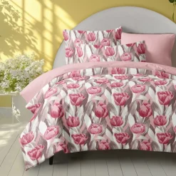 Floral Tulips Duvet Cover Set 100% Cotton Soft and Breathable Bedding Featuring Colorful Flowers Lightweight and Durable Quilt Cover Comfortable for All Seasons Easy to Care