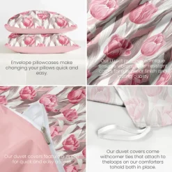 Floral Tulips Duvet Cover Set 100% Cotton Soft and Breathable Bedding Featuring Colorful Flowers Lightweight and Durable Quilt Cover Comfortable for All Seasons Easy to Care