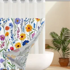 Flower Waffle-Weave Textured Shower Curtain Set with Snap-in Liner and Sheer Window Water-Repellent Polyester Grommet Top,120GSM Hotel Quality Spa Style Bathroom Partition No Hooks Required