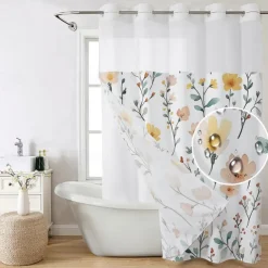 Flower Waffle-Weave Textured Shower Curtain Set with Snap-in Liner and Sheer Window Water-Repellent Polyester Grommet Top,120GSM Hotel Quality Spa Style Bathroom Partition No Hooks Required