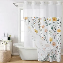 Flower Waffle-Weave Textured Shower Curtain Set with Snap-in Liner and Sheer Window Water-Repellent Polyester Grommet Top,120GSM Hotel Quality Spa Style Bathroom Partition No Hooks Required