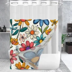 Flower Waffle-Weave Textured Shower Curtain Set with Snap-in Liner and Sheer Window Water-Repellent Polyester Grommet Top,120GSM Hotel Quality Spa Style Bathroom Partition No Hooks Required