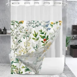 Flower Waffle-Weave Textured Shower Curtain Set with Snap-in Liner and Sheer Window Water-Repellent Polyester,Grommet Top,120GSM Hotel Quality Spa Style Bathroom Partition No Hooks Required