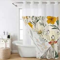 Flower Waffle-Weave Textured Shower Curtain Set with Snap-in Liner and Sheer Window Water-Repellent Polyester,Grommet Top,120GSM Hotel Quality Spa Style Bathroom Partition No Hooks Required