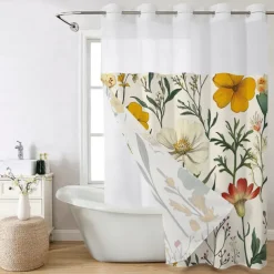 Flower Waffle-Weave Textured Shower Curtain Set with Snap-in Liner and Sheer Window Water-Repellent Polyester,Grommet Top,120GSM Hotel Quality Spa Style Bathroom Partition No Hooks Required