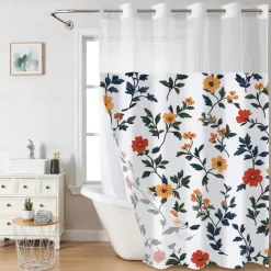 Flower Waffle-Weave Textured Shower Curtain Set with Snap-in Liner Sheer Window Water-Repellent Polyester Blend Fabric,Grommet Top,120GSM Hotel Quality Spa Style Bathroom Partition No Hooks Required