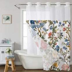 Flower Waffle-Weave Textured Shower Curtain Set with Snap-in Liner Sheer Window Water-Repellent Polyester Blend Fabric,Grommet Top,120GSM Hotel Quality Spa Style Bathroom Partition No Hooks Required