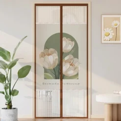 Flowers Magnetic Screen Door Heavy Duty Screen Door Mesh with Magnets, Privacy Door Curtain with Full Frame Tape,Automatical Closure, Easy Install