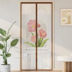 Flowers Magnetic Screen Door Heavy Duty Screen Door Mesh with Magnets, Privacy Door Curtain with Full Frame Tape,Automatical Closure, Easy Install