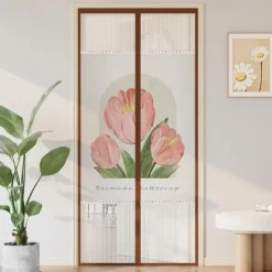 Flowers Magnetic Screen Door Heavy Duty Screen Door Mesh with Magnets, Privacy Door Curtain with Full Frame Tape,Automatical Closure, Easy Install