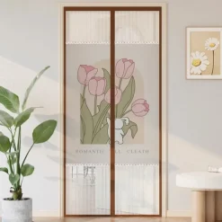 Flowers Magnetic Screen Door Heavy Duty Screen Door Mesh with Magnets, Privacy Door Curtain with Full Frame Tape,Automatical Closure, Easy Install