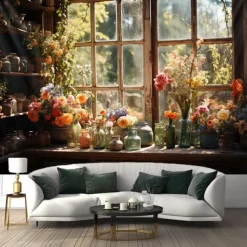 Flowers on Window Wall Hanging Tapestry Wall Art Large Tapestry Mural Decor Photograph Backdrop Blanket Curtain Home Bedroom Living Room Decoration