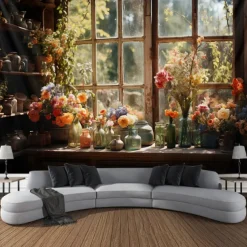 Flowers on Window Wall Hanging Tapestry Wall Art Large Tapestry Mural Decor Photograph Backdrop Blanket Curtain Home Bedroom Living Room Decoration