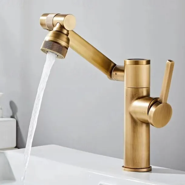 Foldable Bathroom Sink Mixer Faucet LED Displayer, Vintage 360 Swivel Spout Rotatable Wash Basin Tap, Brass Retro Single Handle One Hole with Cold and Hot Water Hose