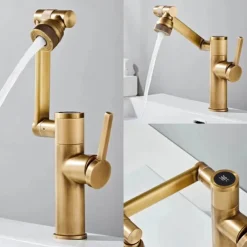 Foldable Bathroom Sink Mixer Faucet LED Displayer, Vintage 360 Swivel Spout Rotatable Wash Basin Tap, Brass Retro Single Handle One Hole with Cold and Hot Water Hose