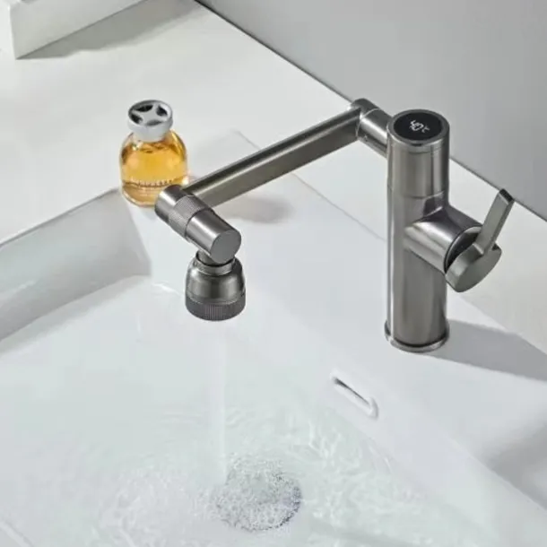 Foldable Bathroom Sink Mixer Faucet LED Displayer, Vintage 360 Swivel Spout Rotatable Wash Basin Tap, Brass Retro Single Handle One Hole with Cold and Hot Water Hose