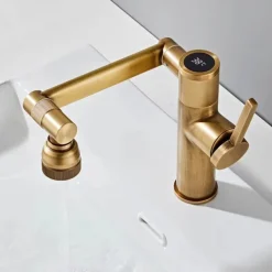 Foldable Bathroom Sink Mixer Faucet LED Displayer, Vintage 360 Swivel Spout Rotatable Wash Basin Tap, Brass Retro Single Handle One Hole with Cold and Hot Water Hose