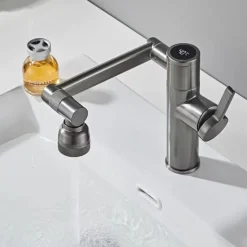 Foldable Bathroom Sink Mixer Faucet LED Displayer, Vintage 360 Swivel Spout Rotatable Wash Basin Tap, Brass Retro Single Handle One Hole with Cold and Hot Water Hose