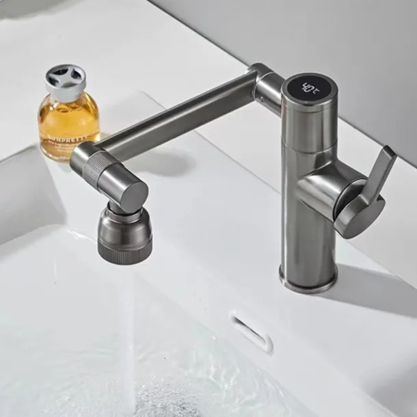 Foldable Bathroom Sink Mixer Faucet LED Displayer, Vintage 360 Swivel Spout Rotatable Wash Basin Tap, Brass Retro Single Handle One Hole with Cold and Hot Water Hose