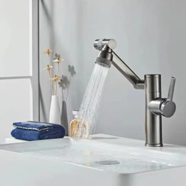 Foldable Bathroom Sink Mixer Faucet LED Displayer, Vintage 360 Swivel Spout Rotatable Wash Basin Tap, Brass Retro Single Handle One Hole with Cold and Hot Water Hose