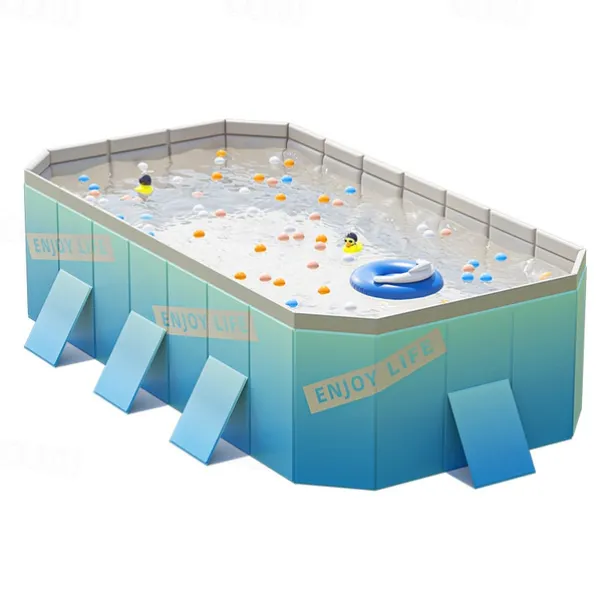 Foldable Inflatable Pool Durable Foldable Inflatable Swimming Pool - Rectangular Shape, PVC Material, Multiple Components - for Family Fun
