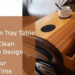 Foldable Vintage Bamboo Sofa Armrest Table with Cup Holder - No Assembly Required, Hand Wash Only, Natural Wood & Black Finish, Hardwood & Bamboo Construction for Living Room, Dining, Relaxation