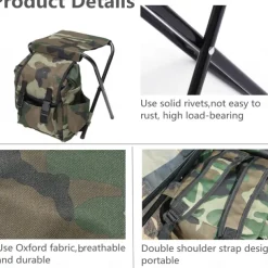 Folding Camping Chair Stool Collapsible Stool Backpack, Mini Folding Chair Outdoor, Portable Seat Table Bag for Indoor Fishing Outdoor Travel Hiking Beach BBQ (Camouflage)
