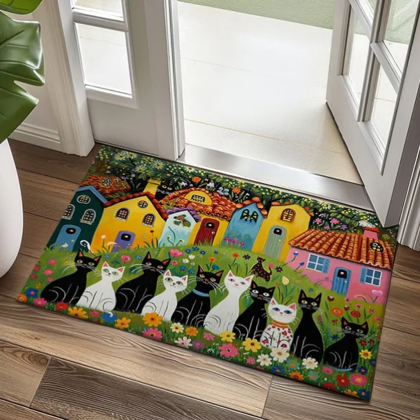 Folk Art Cats Doormat Kitchen Mat Floor Mat Non-Slip Area Rug Oil Proof Rug Indoor Outdoor Mat Bedroom Decor Bathroom Mat Entrance Entreyway Rug