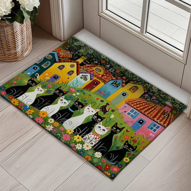 Folk Art Cats Doormat Kitchen Mat Floor Mat Non-Slip Area Rug Oil Proof Rug Indoor Outdoor Mat Bedroom Decor Bathroom Mat Entrance Entreyway Rug