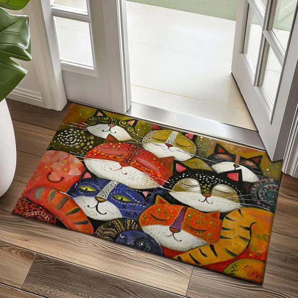 Folk Art Cats Doormat Kitchen Mat Floor Mat Non-Slip Area Rug Oil Proof Rug Indoor Outdoor Mat Bedroom Decor Bathroom Mat Entrance Entreyway Rug