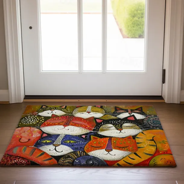 Folk Art Cats Doormat Kitchen Mat Floor Mat Non-Slip Area Rug Oil Proof Rug Indoor Outdoor Mat Bedroom Decor Bathroom Mat Entrance Entreyway Rug