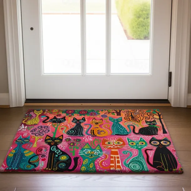 Folk Art Cats Doormat Kitchen Mat Floor Mat Non-Slip Area Rug Oil Proof Rug Indoor Outdoor Mat Bedroom Decor Bathroom Mat Entrance Entreyway Rug