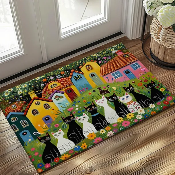 Folk Art Cats Doormat Kitchen Mat Floor Mat Non-Slip Area Rug Oil Proof Rug Indoor Outdoor Mat Bedroom Decor Bathroom Mat Entrance Entreyway Rug