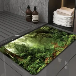 Forest Bath Mat Non-slip Deco Diatomaceous Earth Bath Mat Soft Mat Rubber Anti-Slip Fast Dry Super Absorbent Thin Bathroom Mat for Under Door - Bathroom Floor Mat Rug Bathtub Front Shower Mat Sink
