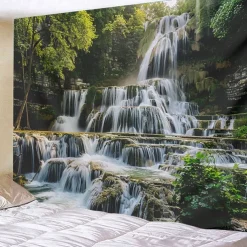 Forest Cascade Landscape Hanging Tapestry Wall Art Large Tapestry Mural Decor Photograph Backdrop Blanket Curtain Home Bedroom Living Room Decoration