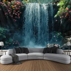 Forest Cascade Landscape Hanging Tapestry Wall Art Large Tapestry Mural Decor Photograph Backdrop Blanket Curtain Home Bedroom Living Room Decoration