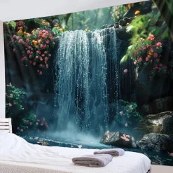 Forest Cascade Landscape Hanging Tapestry Wall Art Large Tapestry Mural Decor Photograph Backdrop Blanket Curtain Home Bedroom Living Room Decoration
