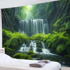 Forest Cascade Landscape Hanging Tapestry Wall Art Large Tapestry Mural Decor Photograph Backdrop Blanket Curtain Home Bedroom Living Room Decoration