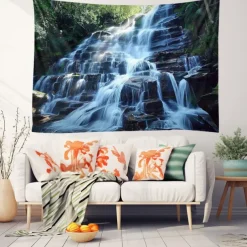 Forest Cascade Landscape Hanging Tapestry Wall Art Large Tapestry Mural Decor Photograph Backdrop Blanket Curtain Home Bedroom Living Room Decoration
