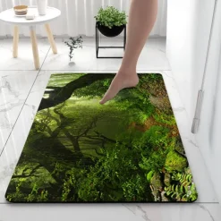 Forest Diatomaceous Earth Bath Mat Soft Mat Rubber Anti-Slip Fast Dry Super Absorbent Thin Bathroom Mat for Under Door - Bathroom Floor Mat Rug Bathtub Front Shower Mat Sink