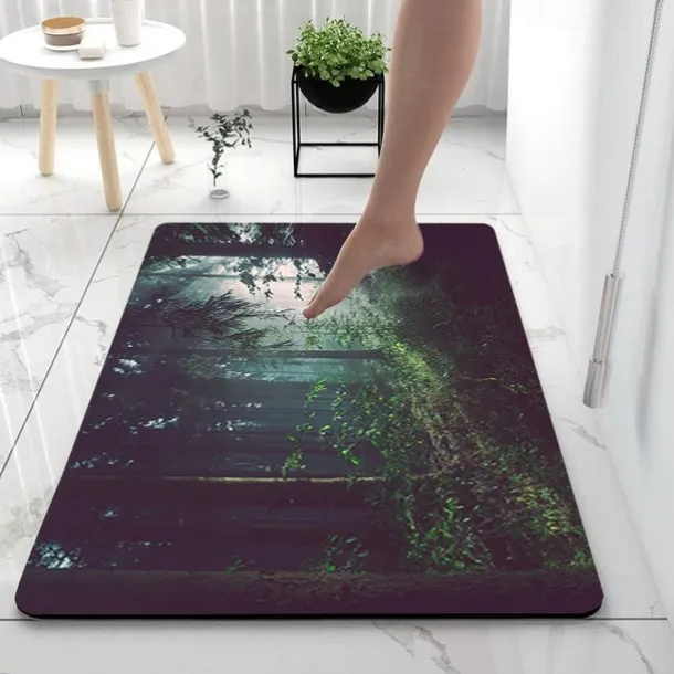 Forest Diatomaceous Earth Bath Mat Soft Mat Rubber Anti-Slip Fast Dry Super Absorbent Thin Bathroom Mat for Under Door - Bathroom Floor Mat Rug Bathtub Front Shower Mat Sink