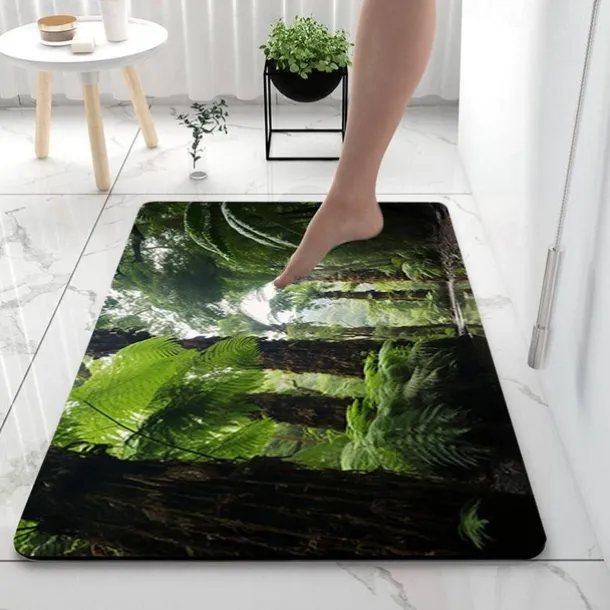 Forest Diatomaceous Earth Bath Mat Soft Mat Rubber Anti-Slip Fast Dry Super Absorbent Thin Bathroom Mat for Under Door - Bathroom Floor Mat Rug Bathtub Front Shower Mat Sink